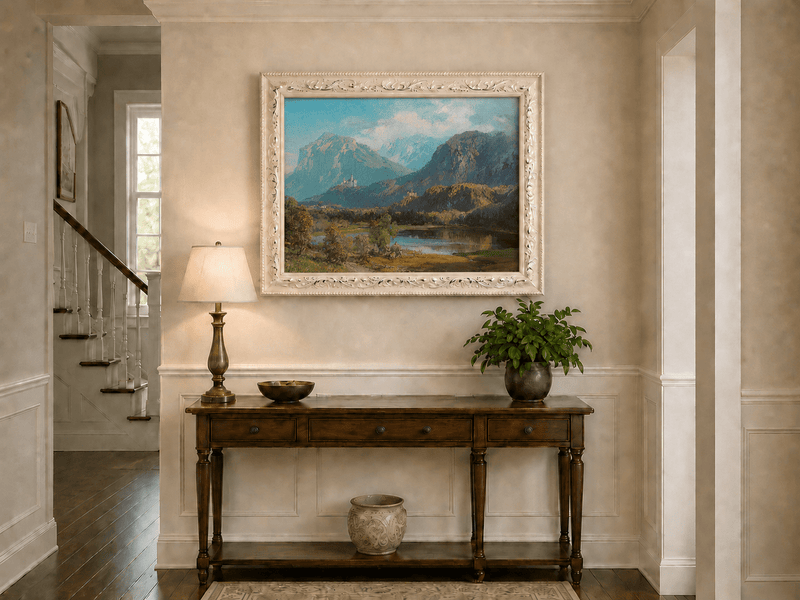 Landscape Oil Painting - Alpine Mountain Lake Hilltop Castle Lush