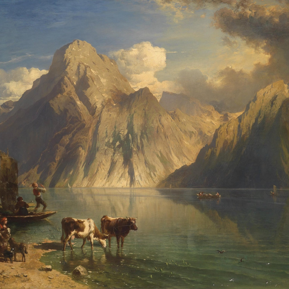 Landscape Oil Painting - Alpine Mountain Lake & Shore Cattle, Boats - Oil Painting Haven