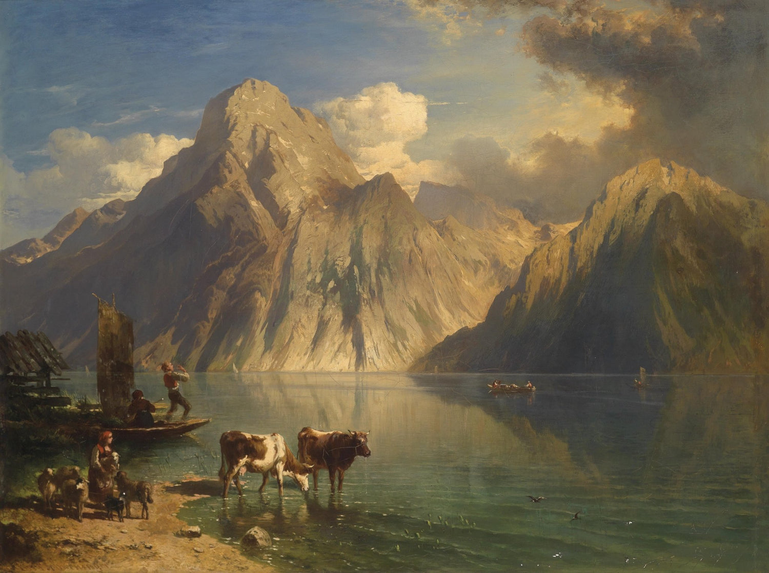 Landscape Oil Painting - Alpine Mountain Lake & Shore Cattle, Boats - Oil Painting Haven