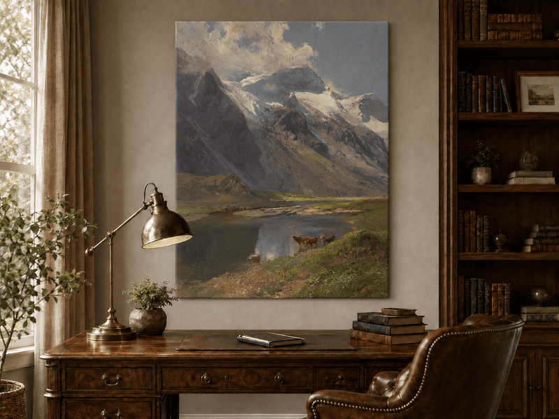 Peinture à l'huile de paysage - Lac de montagne alpin avec des vaches au pâturage