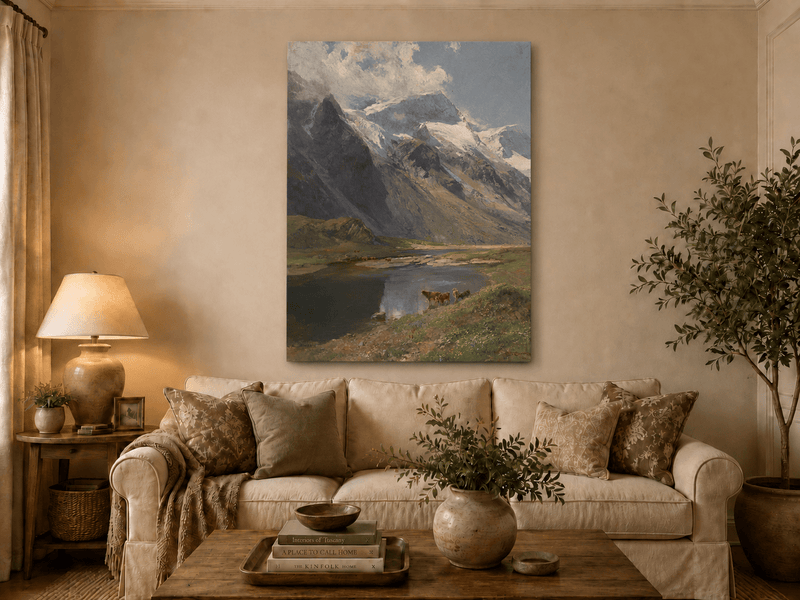Peinture à l'huile de paysage - Lac de montagne alpin avec des vaches au pâturage