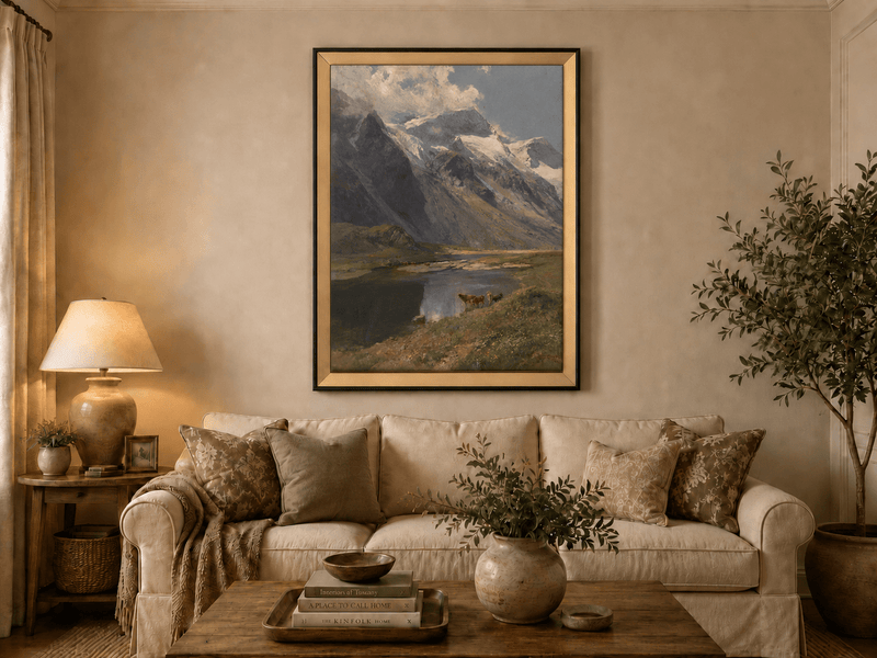 Peinture à l'huile de paysage - Lac de montagne alpin avec des vaches au pâturage