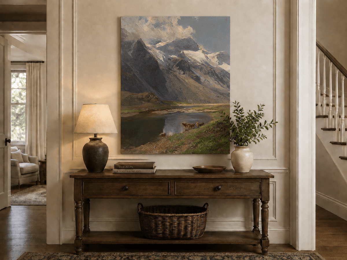 Peinture à l'huile de paysage - Lac de montagne alpin avec des vaches au pâturage