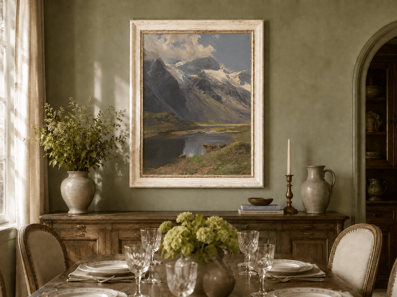 Peinture à l'huile de paysage - Lac de montagne alpin avec des vaches au pâturage