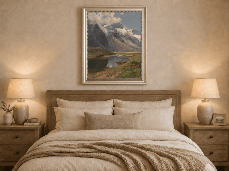 Peinture à l'huile de paysage - Lac de montagne alpin avec des vaches au pâturage