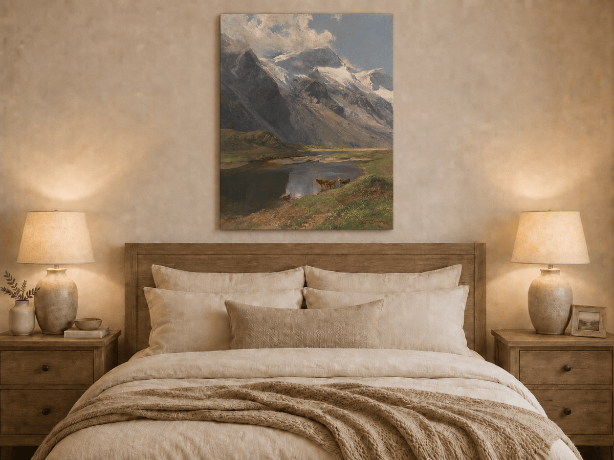 Peinture à l'huile de paysage - Lac de montagne alpin avec des vaches au pâturage