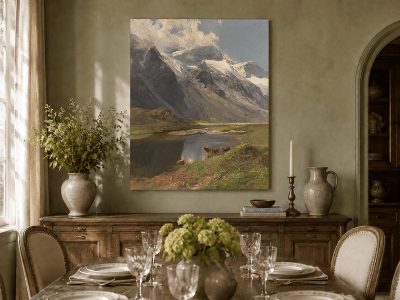 Peinture à l'huile de paysage - Lac de montagne alpin avec des vaches au pâturage