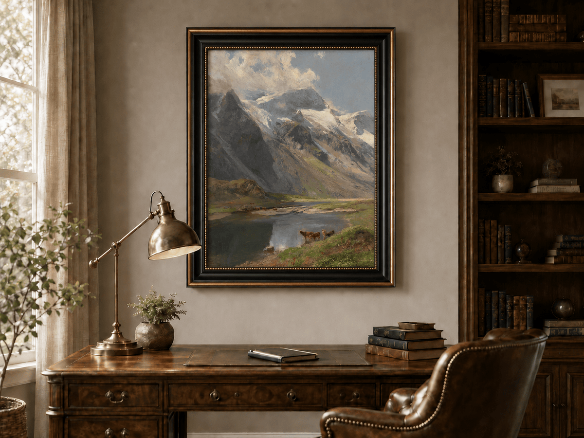 Peinture à l'huile de paysage - Lac de montagne alpin avec des vaches au pâturage