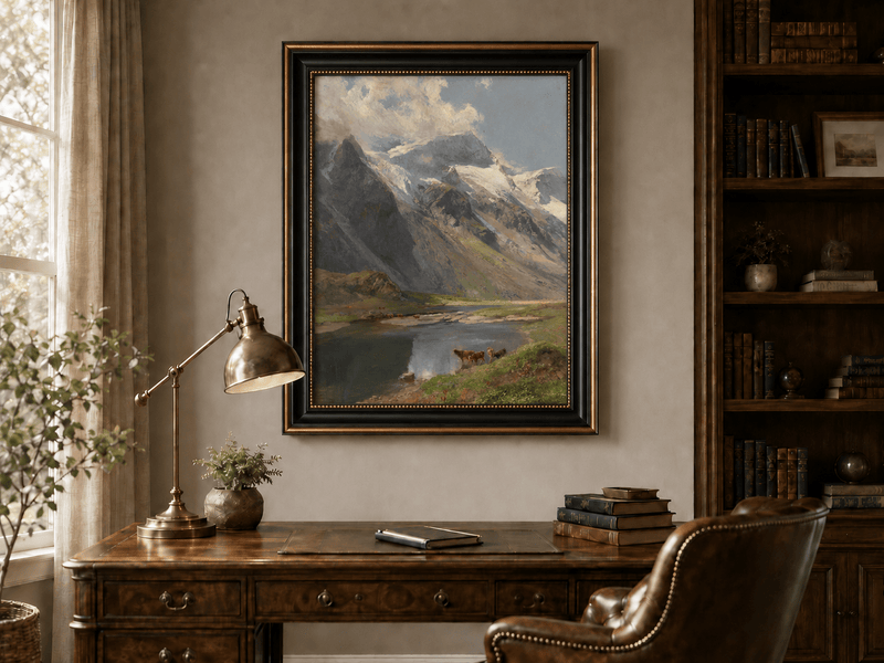 Peinture à l'huile de paysage - Lac de montagne alpin avec des vaches au pâturage