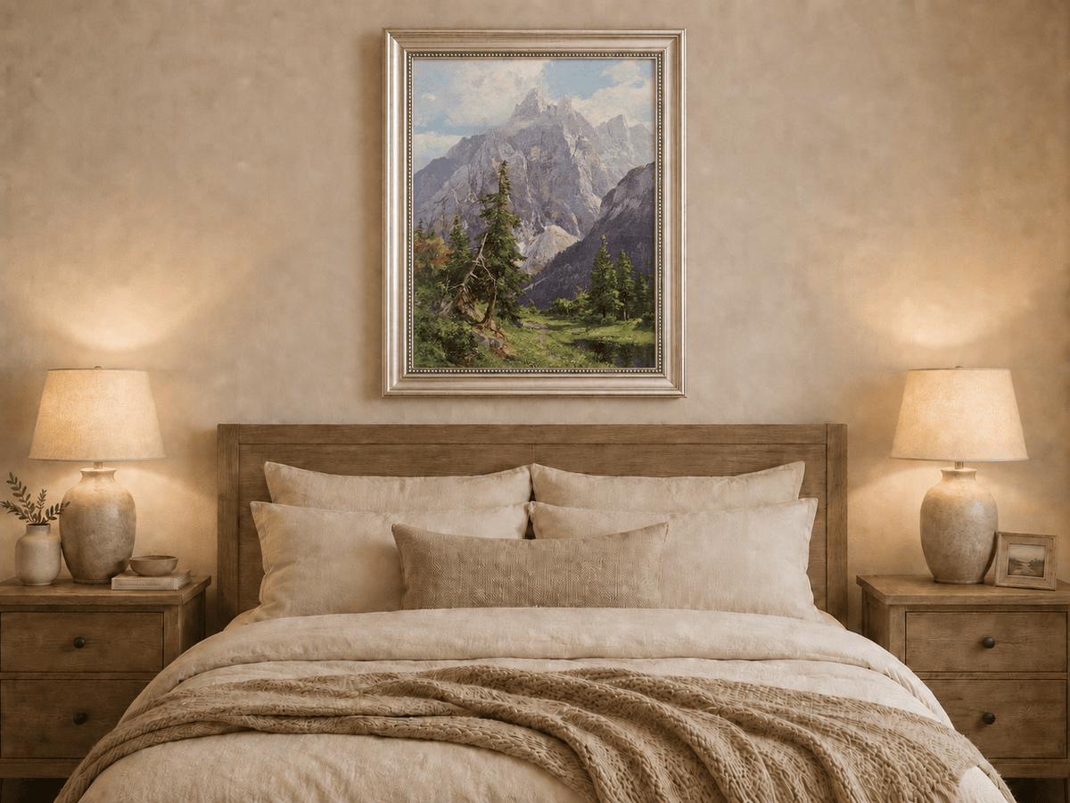 Peinture à l'huile de paysage - Rivière printanière avec pêcheur et arbres