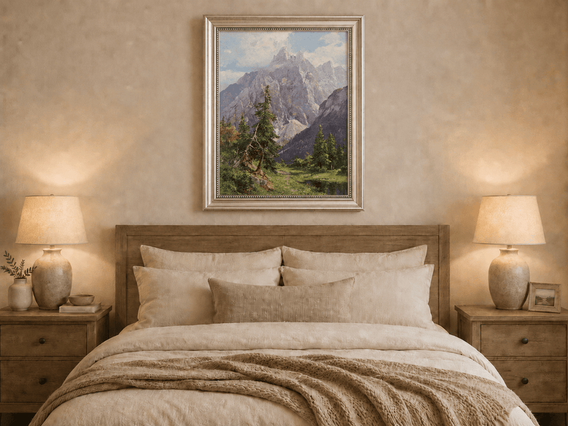 Peinture à l'huile de paysage - Rivière printanière avec pêcheur et arbres