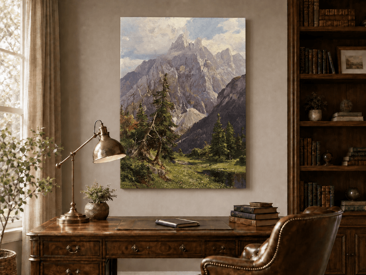 Peinture à l'huile de paysage - Rivière printanière avec pêcheur et arbres