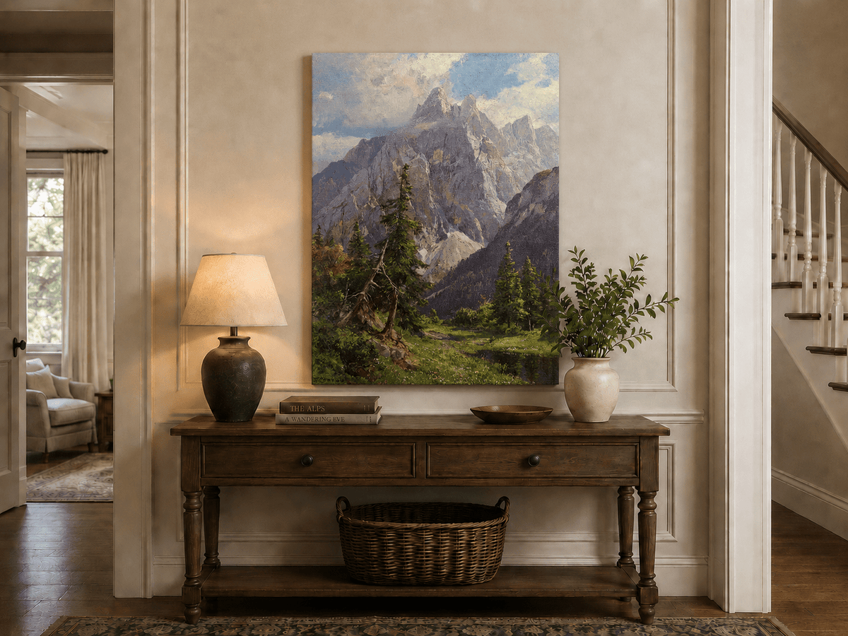Peinture à l'huile de paysage - Rivière printanière avec pêcheur et arbres