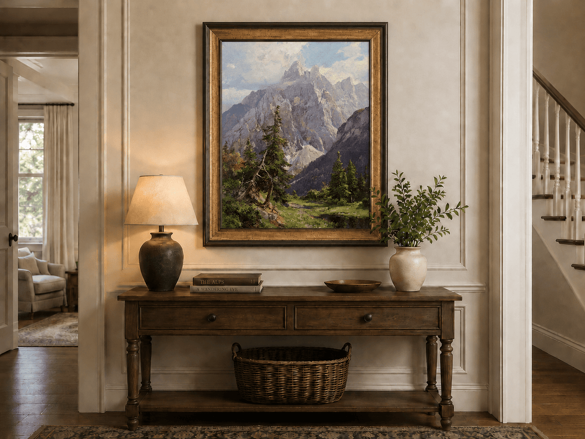 Peinture à l'huile de paysage - Rivière printanière avec pêcheur et arbres