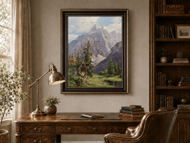 Peinture à l'huile de paysage - Rivière printanière avec pêcheur et arbres