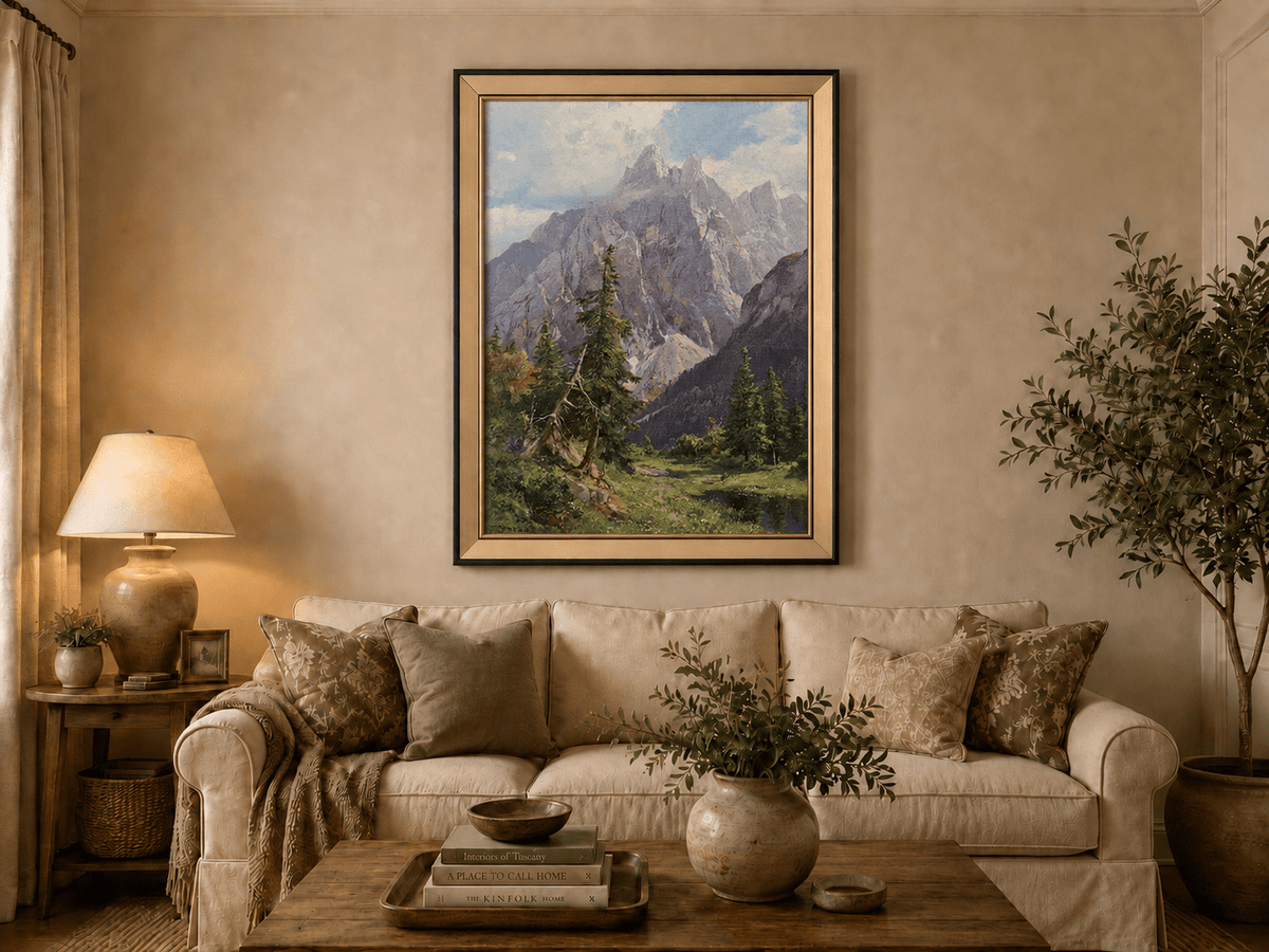 Peinture à l'huile de paysage - Rivière printanière avec pêcheur et arbres