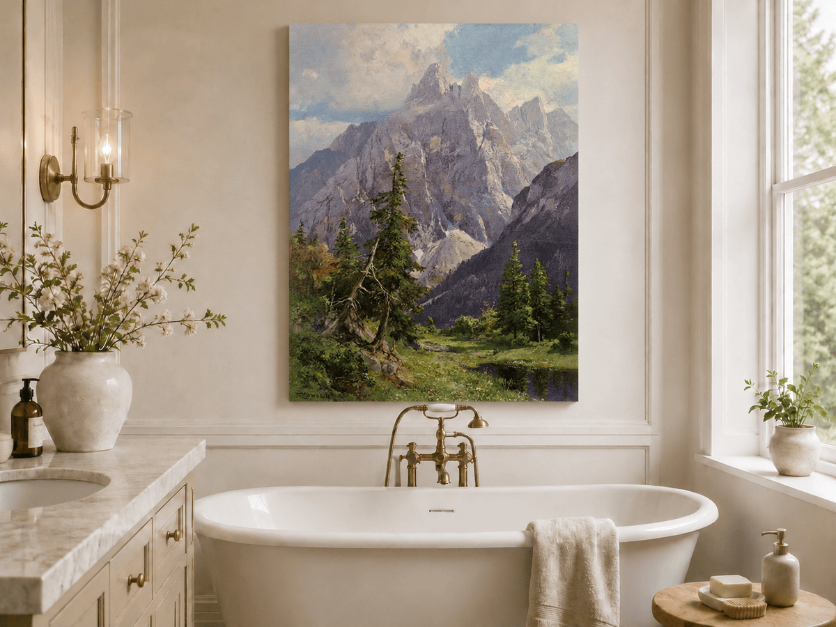 Peinture à l'huile de paysage - Rivière printanière avec pêcheur et arbres