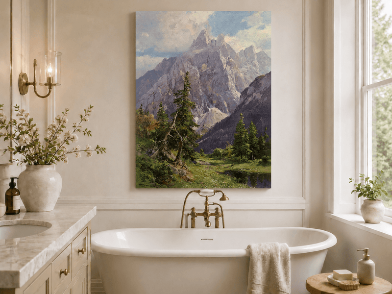 Peinture à l'huile de paysage - Rivière printanière avec pêcheur et arbres
