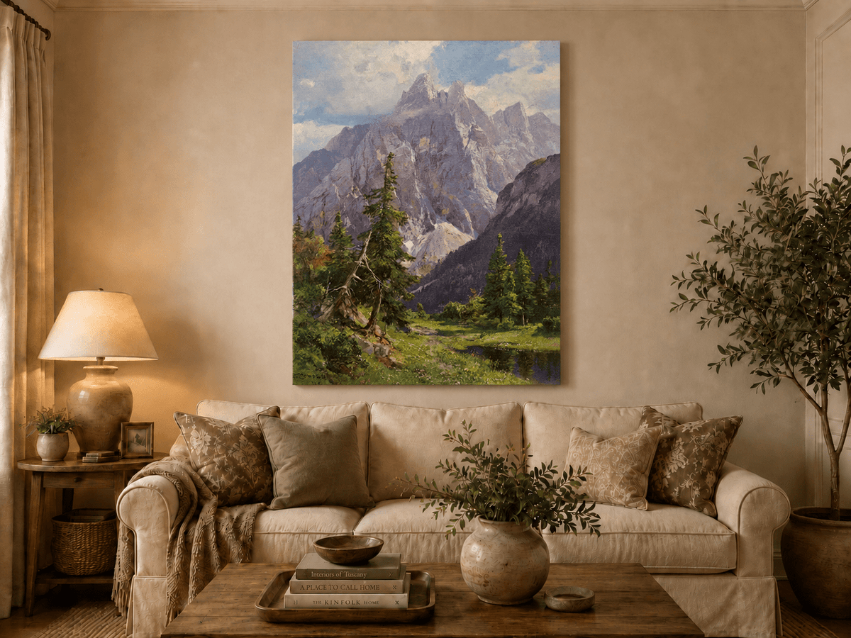 Peinture à l'huile de paysage - Rivière printanière avec pêcheur et arbres