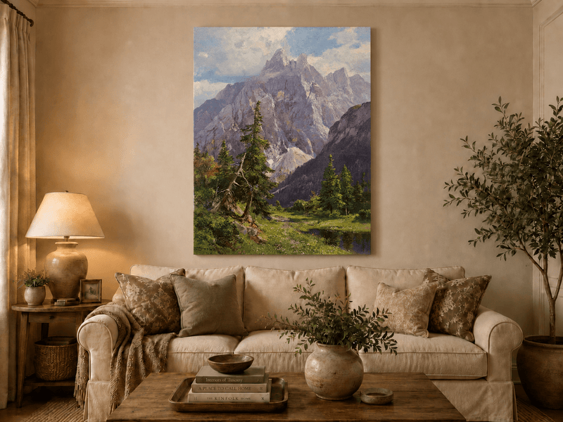 Peinture à l'huile de paysage - Rivière printanière avec pêcheur et arbres