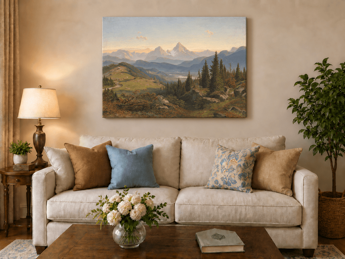 Peinture à l'huile de paysage - Montagne alpine, Sommet enneigé