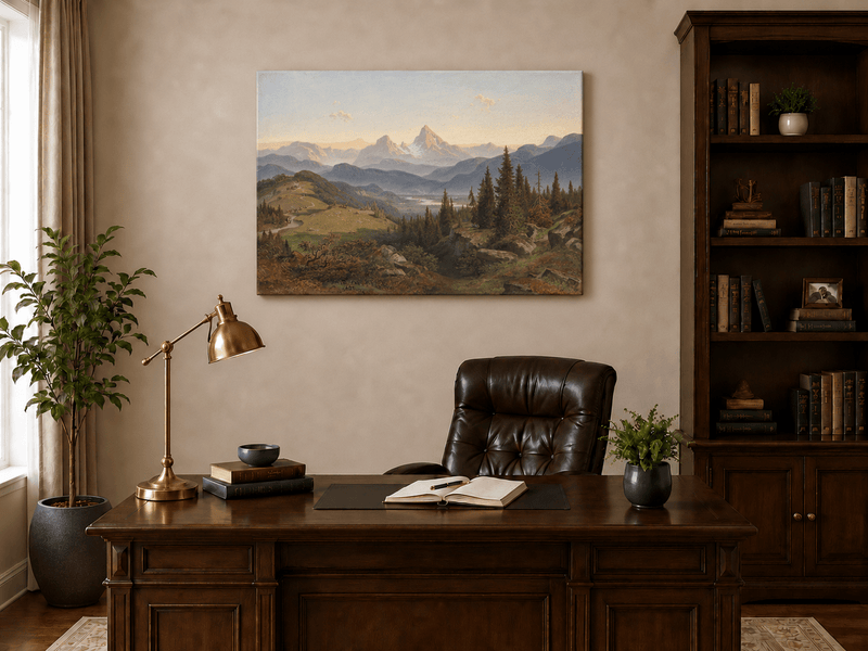 Peinture à l'huile de paysage - Montagne alpine, Sommet enneigé