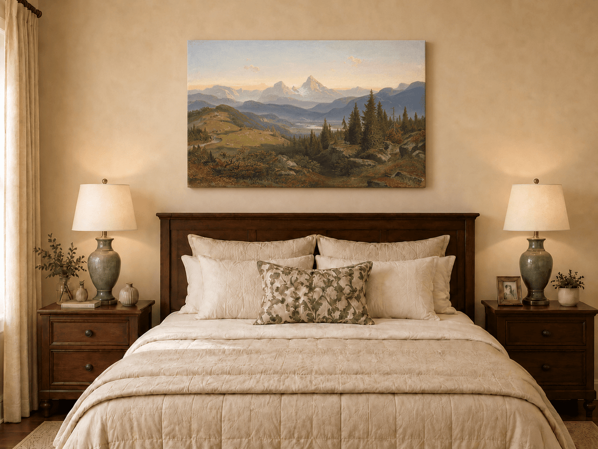Peinture à l'huile de paysage - Montagne alpine, Sommet enneigé