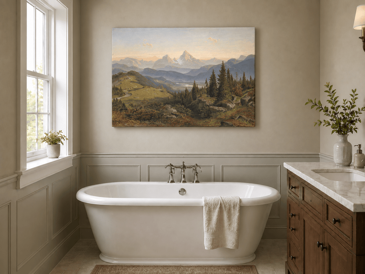 Peinture à l'huile de paysage - Montagne alpine, Sommet enneigé