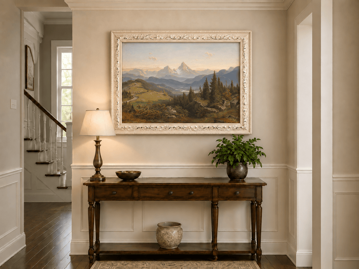 Peinture à l'huile de paysage - Montagne alpine, Sommet enneigé