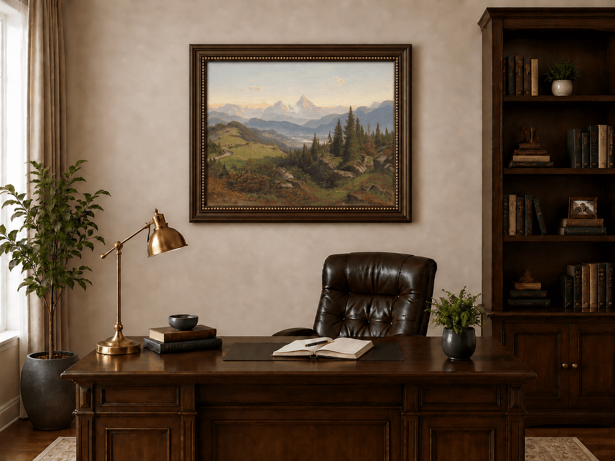 Peinture à l'huile de paysage - Montagne alpine, Sommet enneigé