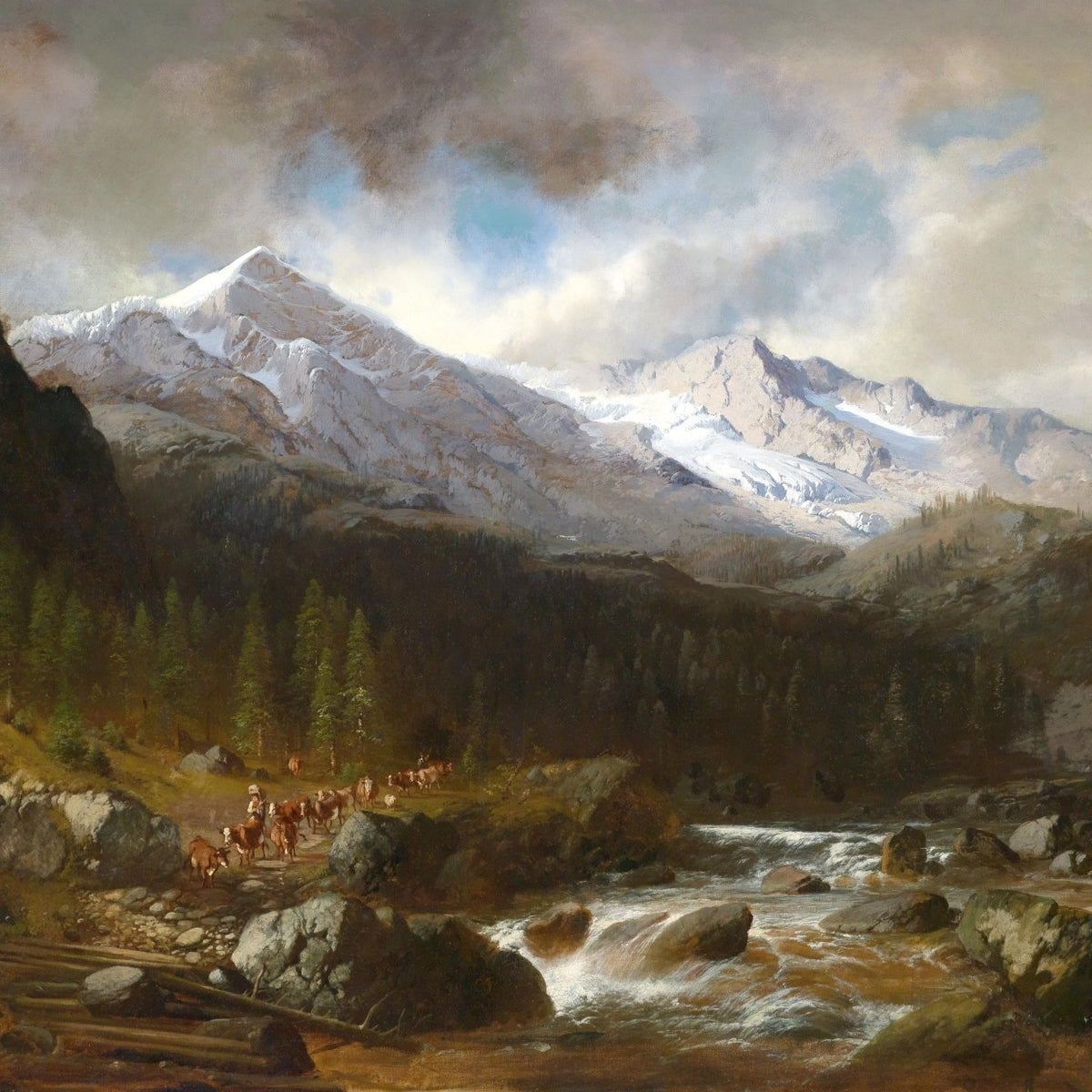 Landscape Oil Painting - Alpine Mountain, Snow Peaks, Stream & Cattle Herd - Oil Painting Haven