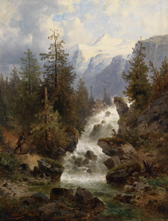 Landscape Oil Painting - Alpine Mountain Stream: Snow Peaks & Forest - Oil Painting Haven