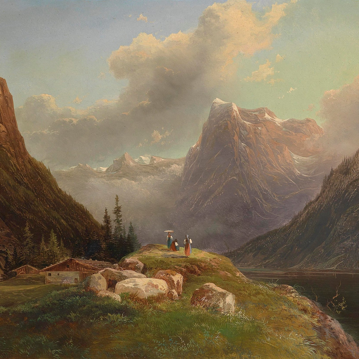 Landscape Oil Painting - Alpine Mountain Valley Lake & Snow Peaks - Oil Painting Haven