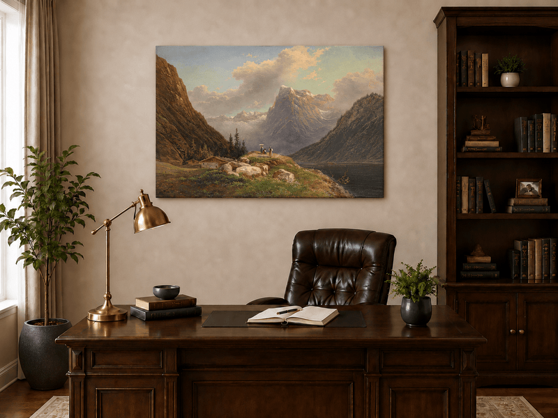 Landscape Oil Painting - Alpine Mountain Valley Lake & Snow Peaks