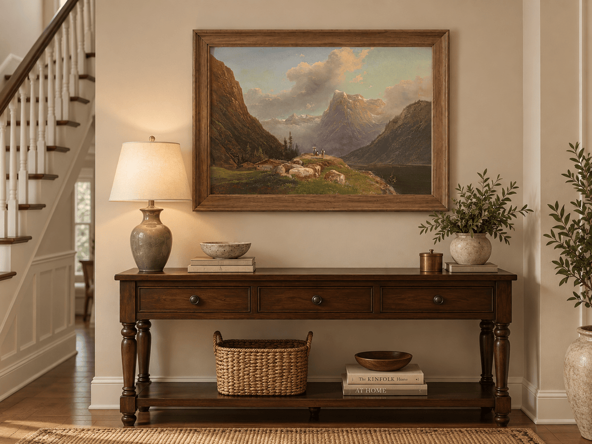 Landscape Oil Painting - Alpine Mountain Valley Lake & Snow Peaks