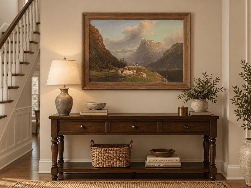 Landscape Oil Painting - Alpine Mountain Valley Lake & Snow Peaks