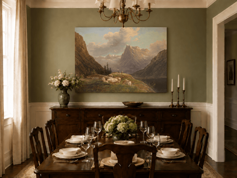 Landscape Oil Painting - Alpine Mountain Valley Lake & Snow Peaks