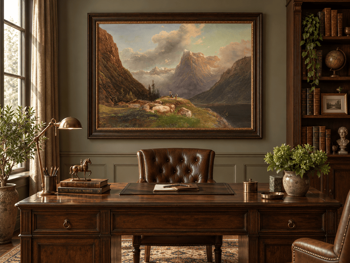 Landscape Oil Painting - Alpine Mountain Valley Lake & Snow Peaks