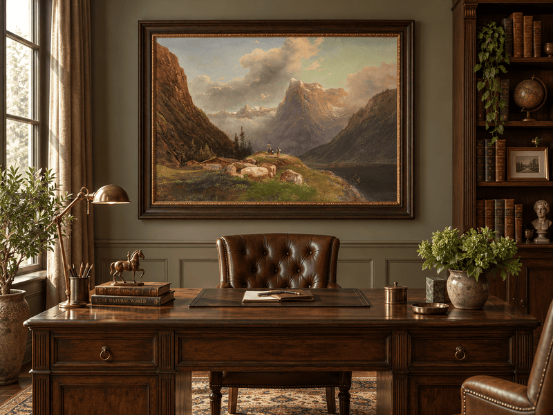 Landscape Oil Painting - Alpine Mountain Valley Lake & Snow Peaks