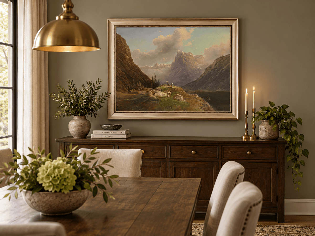 Landscape Oil Painting - Alpine Mountain Valley Lake & Snow Peaks