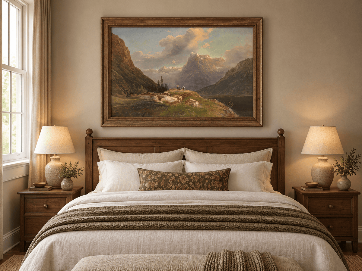 Landscape Oil Painting - Alpine Mountain Valley Lake & Snow Peaks