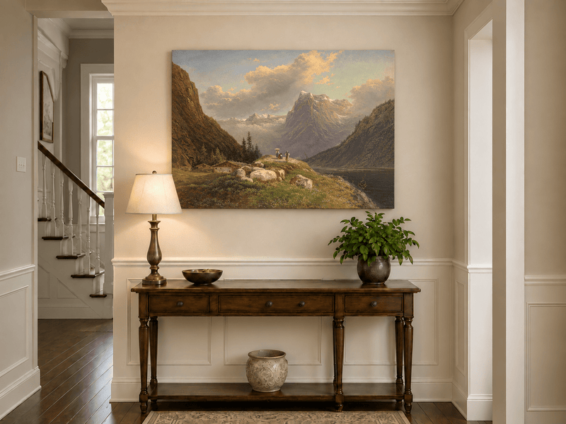 Landscape Oil Painting - Alpine Mountain Valley Lake & Snow Peaks