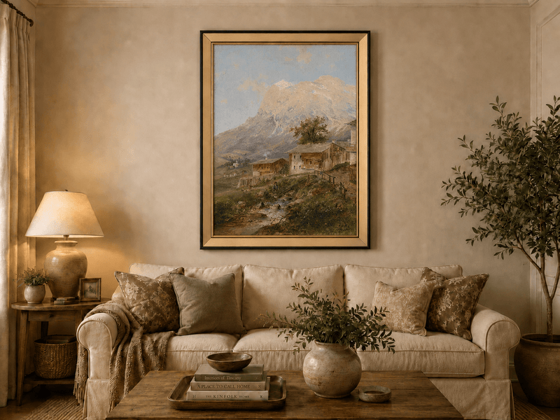 Alpine mountain village with stream and cottages landscape oil painting displayed in a styled home interior.
