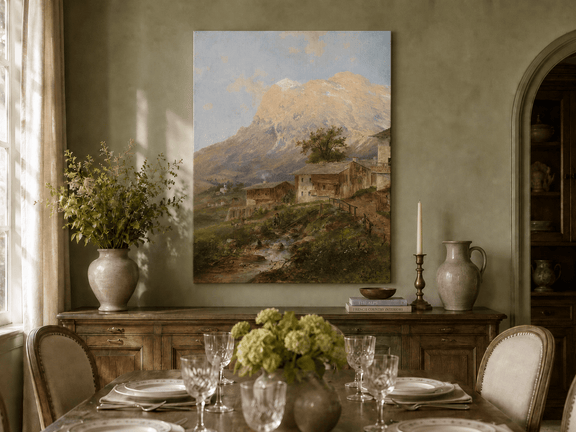Hand-painted alpine village, cottages and stream landscape artwork in an interior display.