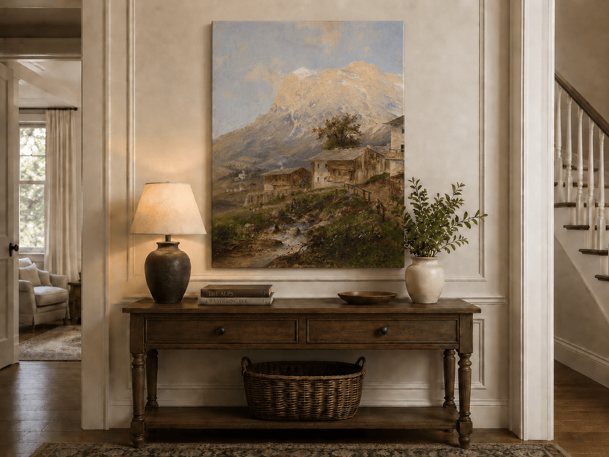 Alpine village and stream landscape painting shown as decorative oil wall art.