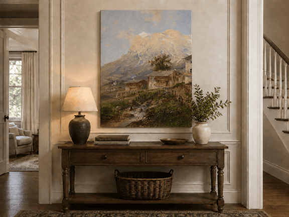 Alpine village and stream landscape painting shown as decorative oil wall art.