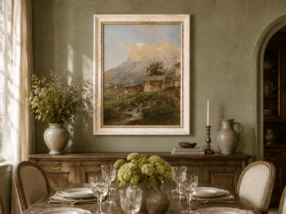 Alpine mountain village and stream oil landscape artwork shown in a styled home interior.