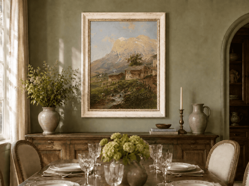 Alpine mountain village and stream oil landscape artwork shown in a styled home interior.