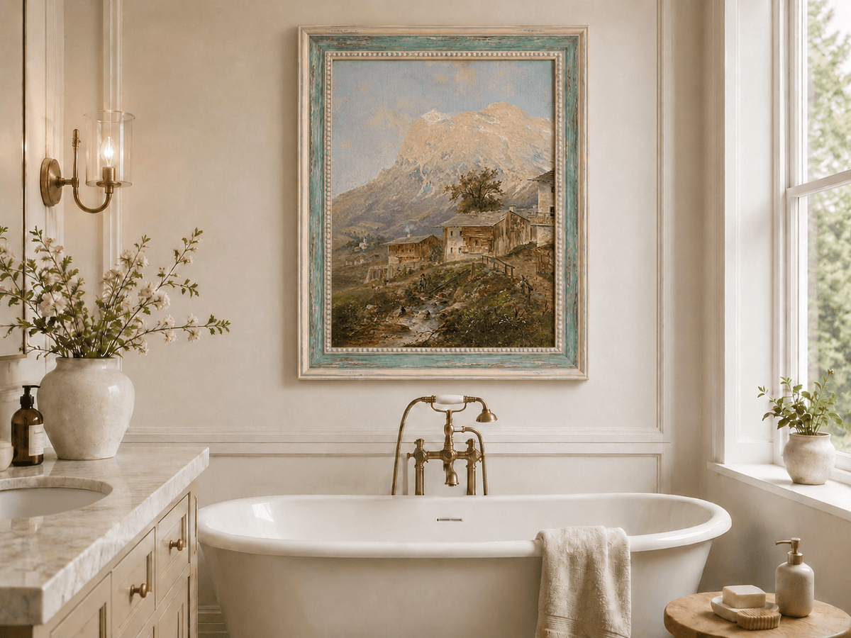 Alpine village with cottages and mountain stream landscape oil painting presented as interior home decor.