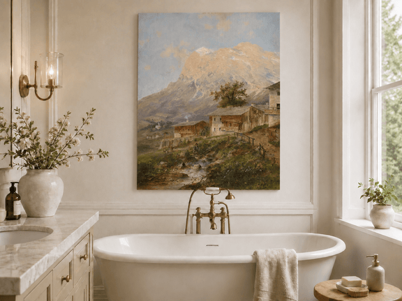 Alpine mountain village with stream and cottages landscape oil painting presented as styled home decor.